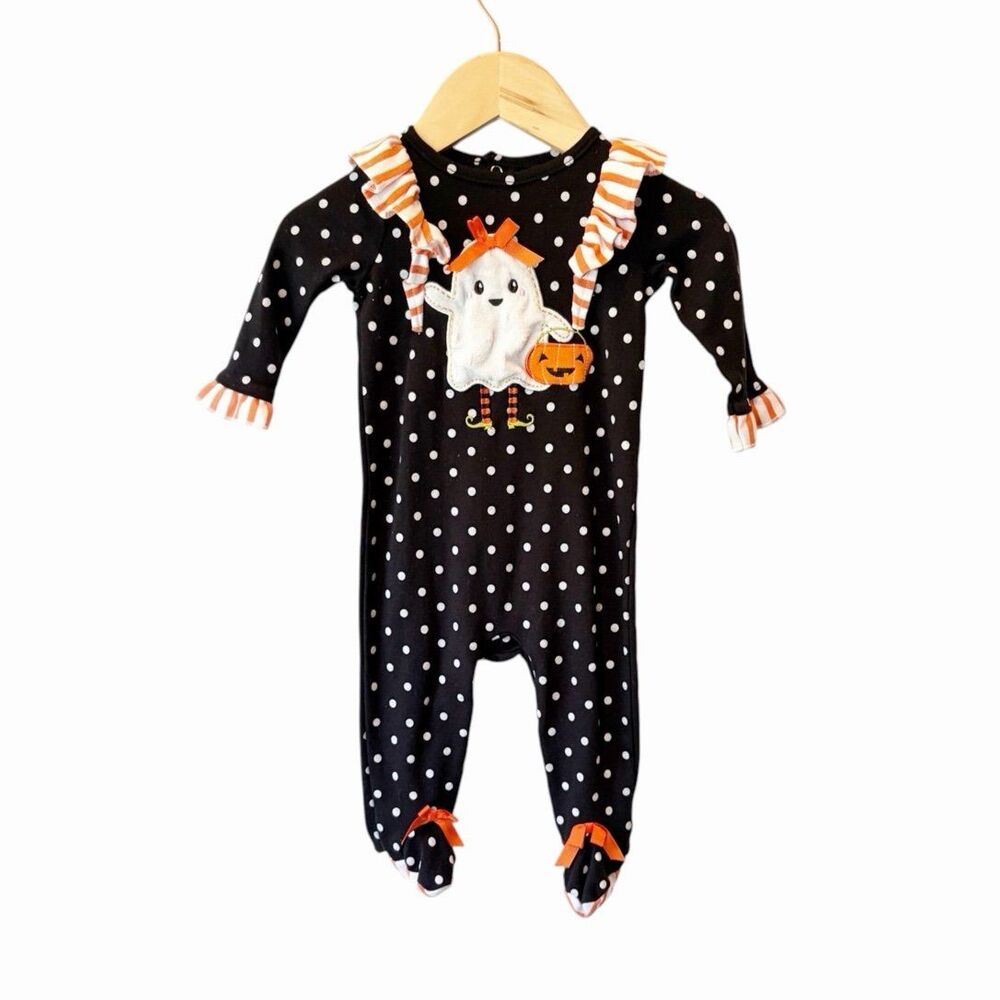 Baby Essentials 9M Halloween Ghost Pumpkin Polka Dot Ruffle Footed Romper Cute